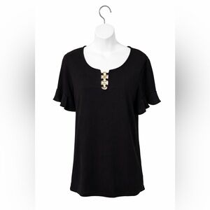 AGB Black Tunic Top | Gold Chain Detail Neckline | Flutter Sleeve | Size L